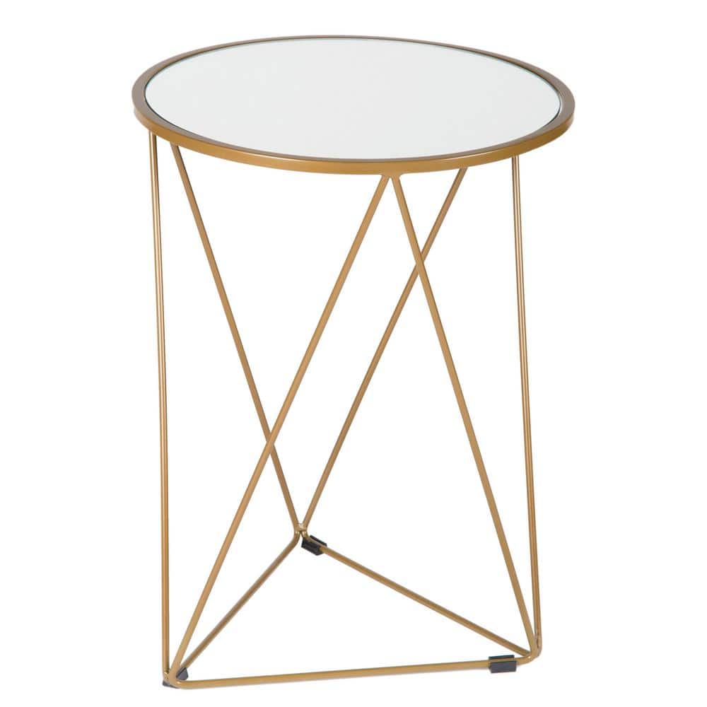 Modern Geometric Gold Metal Round Side Table with Mirrored Top