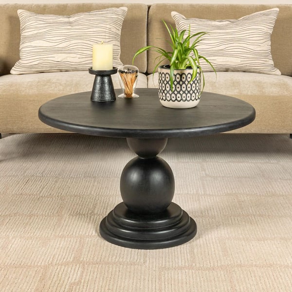 Kennedy 30 in. Black Round Mango Wood Bulbed Pedestal Coffee Table