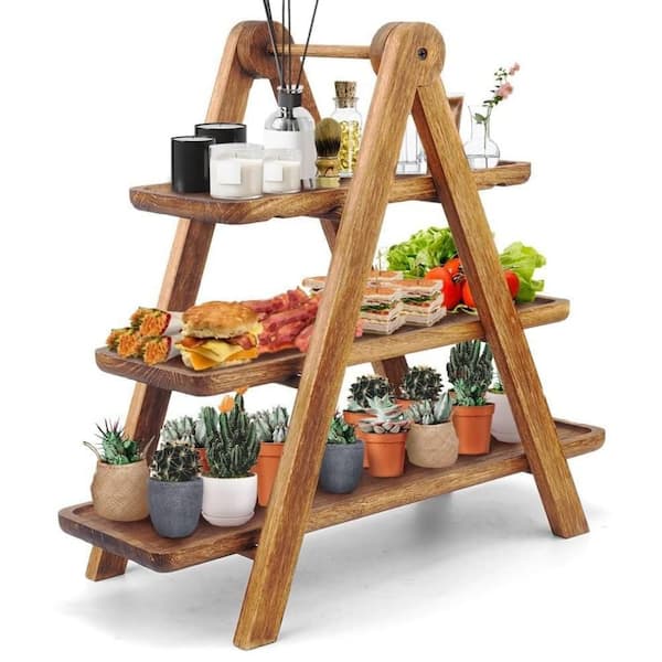 Brown Rectangle Wooden 3-Tier Serving Tray with Collapsible Ladder Stand, Natural Wood Grain Decorative Serving Platter