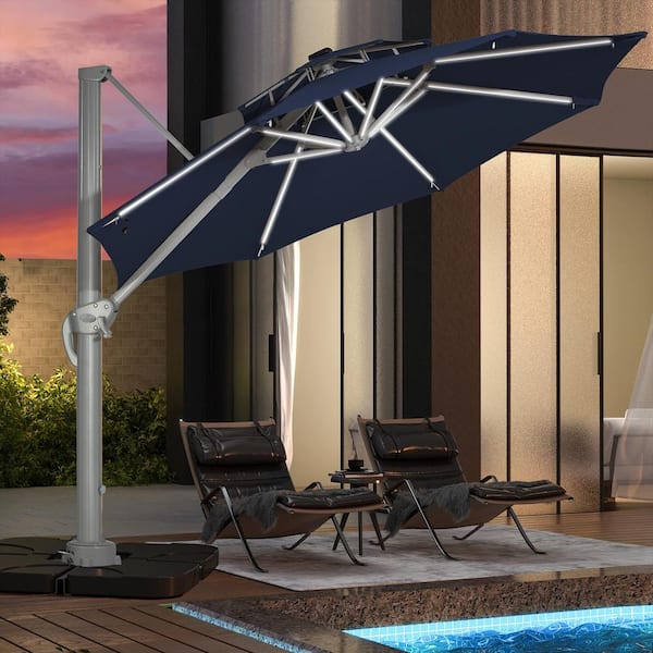 JEAREY Deluxe 11 ft. Aluminum Cantilever Solar Patio Umbrella with LED Light Tubes in Navy
