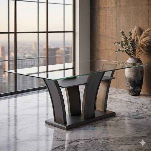Brandon Dark Gray and Clear Glass 72 in. Pedestal Base Dining Table Seating for 4