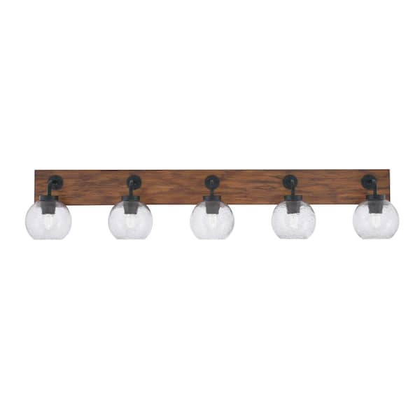 Unbranded Kirby 46.5 in. 5 Light Black & Painted Wood-look Vanity Light with 5.75 in. Smoke Bubble Glass Shades No Bulbs Included