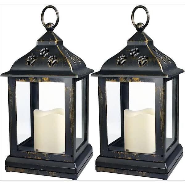 9.5 in. Vintage Decorative Candle Lantern with LED Flickering Flameless Candle, Indoor Hanging Lanterns, Bronze (2-Pack)