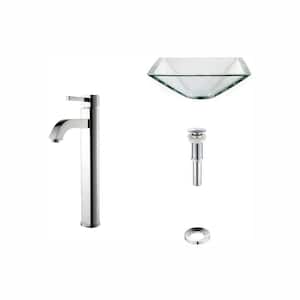 Square Glass Vessel Sink in Clear with Ramus Faucet in Chrome
