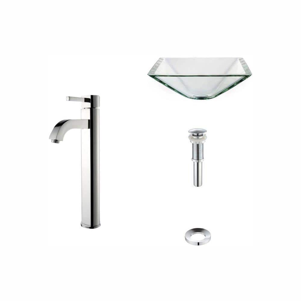 Clear Glass Square Vessel Sink with Chrome Faucet