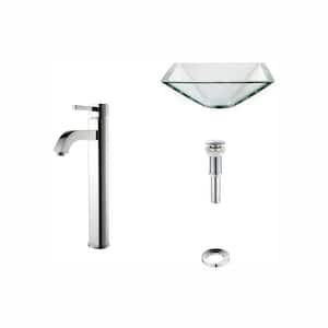 Single-Tone 16.5 in. Square Vessel Bathroom Sink Clear Glass with Ramus Faucet in Chrome