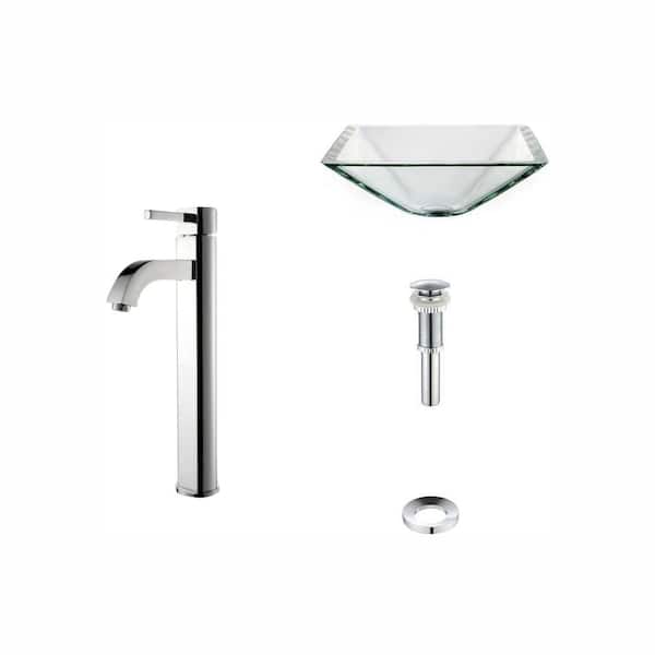 KRAUS Single-Tone 16.5 in. Square Vessel Bathroom Sink Clear Glass with Ramus Faucet in Chrome