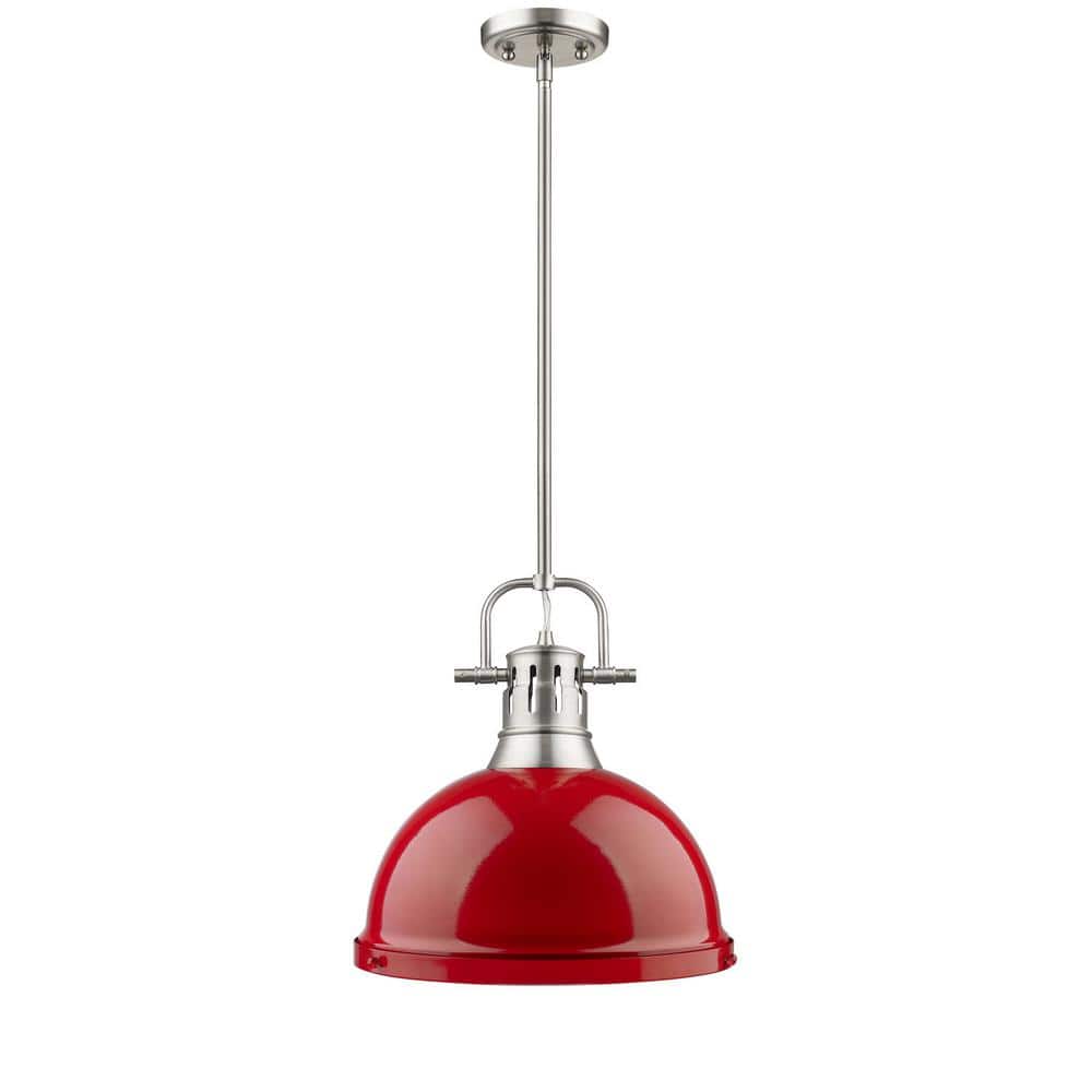 Transitional Pewter and Red Glass Pendant Light, 14 in
