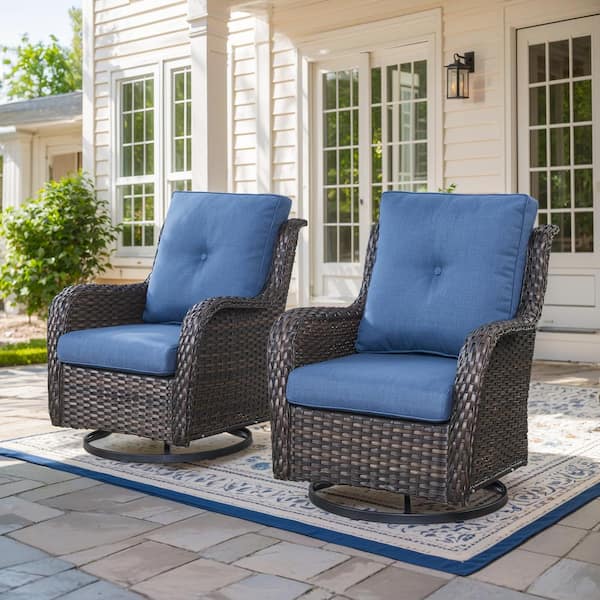 4-Piece Brown Wicker Fire Pit Conversation Set with Olefin Blue Cushions and Curved Arm Swivel Glider Chairs