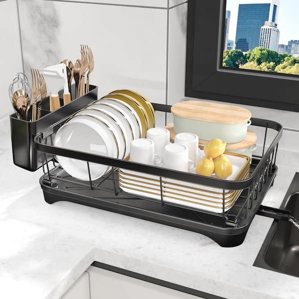 Black Single Tier Dish Rack with Utensil Holder and Cutlery Tray, Space Saving Countertop Organizer
