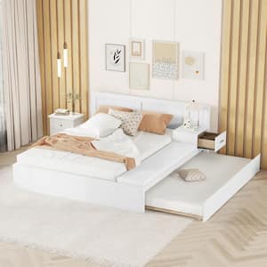 White Wood Frame Full Platform Bed with Hydraulic Storage System, Lounge, Twin Trundle, Side Table/Nightstand