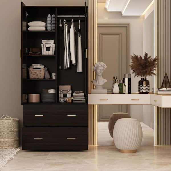 FUFU&GAGA Black 2-Door Armoires with Mirror, Hanging Rod, 2-Drawers and Storage Shelves( 18.9 in. D x 31.5 in. W x 72 in. H)