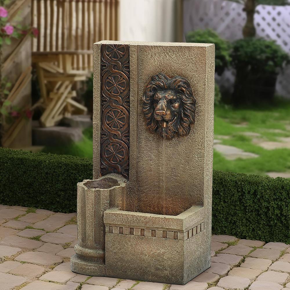 Sandstone Resin Lion Head Outdoor Water Fountain with Lights