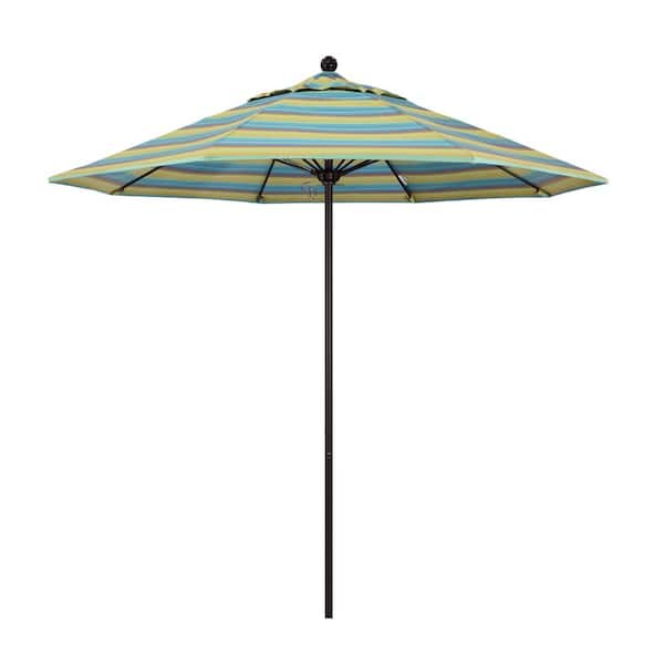 California Umbrella 9 ft. Bronze Aluminum Commercial Market Patio Umbrella with Fiberglass Ribs and Push Lift in Astoria Lagoon Sunbrella