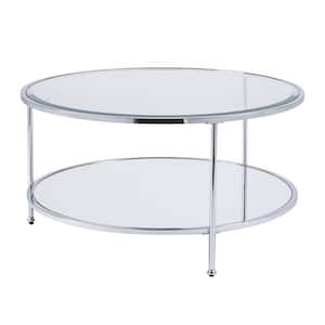 Bernadette 33.75 in. L Silver 18.25 in. H Round Glass Coffee Table with Mirrored