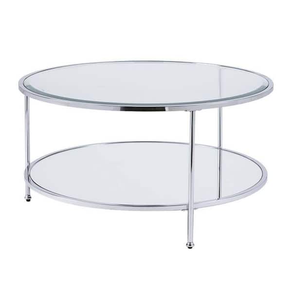 HomeRoots Bernadette 33.75 in. L Silver 18.25 in. H Round Glass Coffee Table with Mirrored