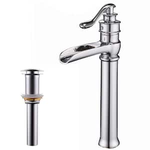 Single Handle Single Hole Waterfall Bathroom Vessel Sink Faucet with Pop-Up Drain Assembly Included in Polished Chrome