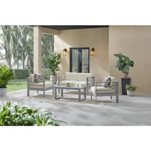 Kentwell Pewter 4-Piece Aluminum Outdoor Patio Deep Seating Set with Acrylic Beige Driftwood Cushions