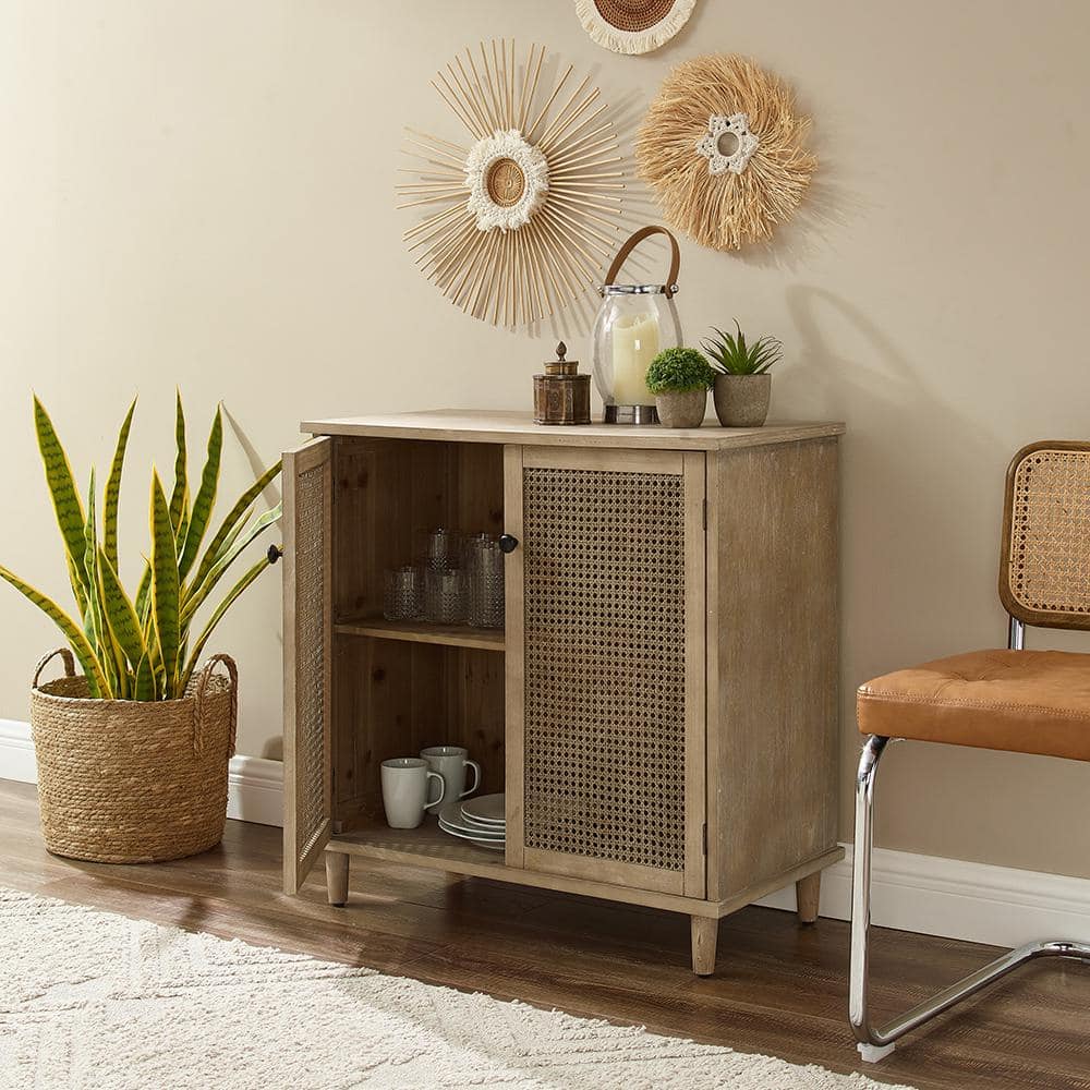 Natural Brown Bamboo Freestanding Office Cabinet with Rattan Doors