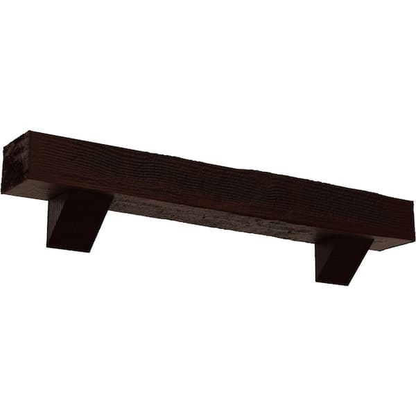 Ekena Millwork 8 in. x 12 in. x 7 ft. Rough Sawn Faux Wood Fireplace Mantel Kit, Breckinridge Corbels, Natural Pecan
