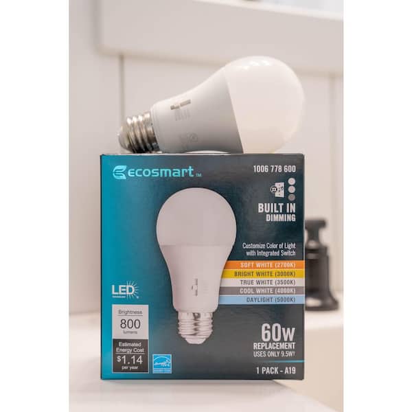 EcoSmart 60-Watt A19 CEC Built in Dimming LED Light Bulb with Selectable Color Temperature (1-Pack) 11A19060WWALL01 - The Home Depot