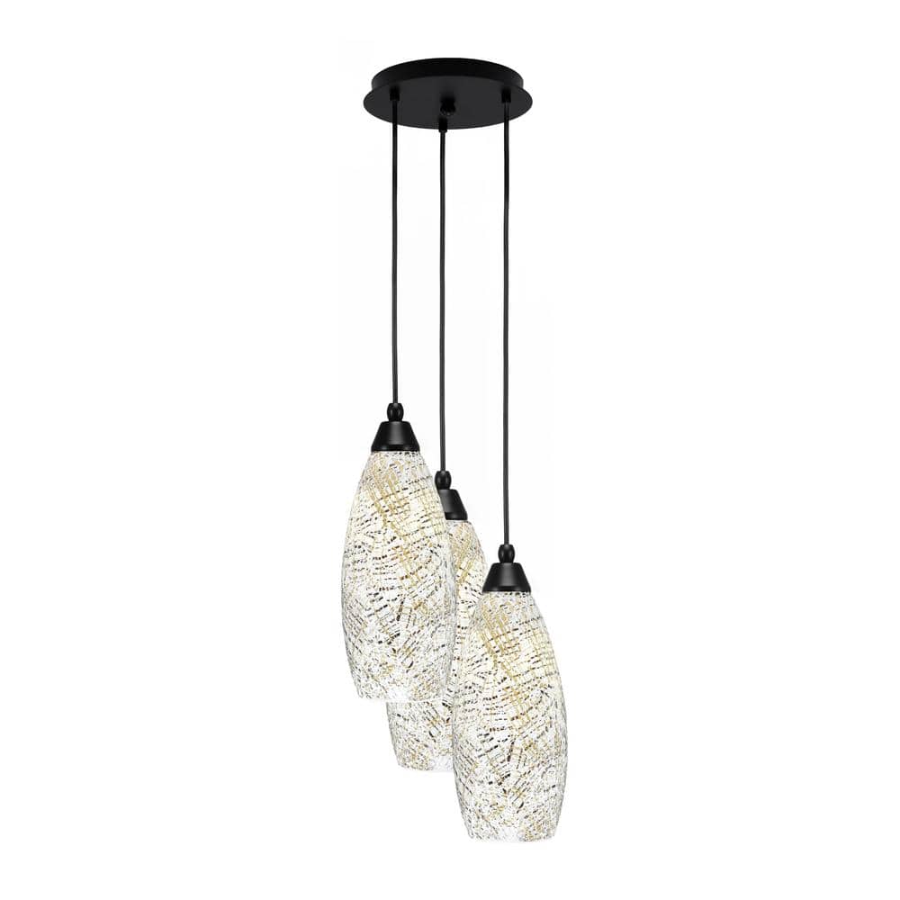 Savannah 15.25 in. 3-Light Matte Black Cord Pendant Light Natural Fusion Gl