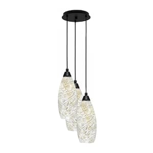 Savannah 15.25 in. 3-Light Matte Black Cord Pendant Light Natural Fusion Glass Shade