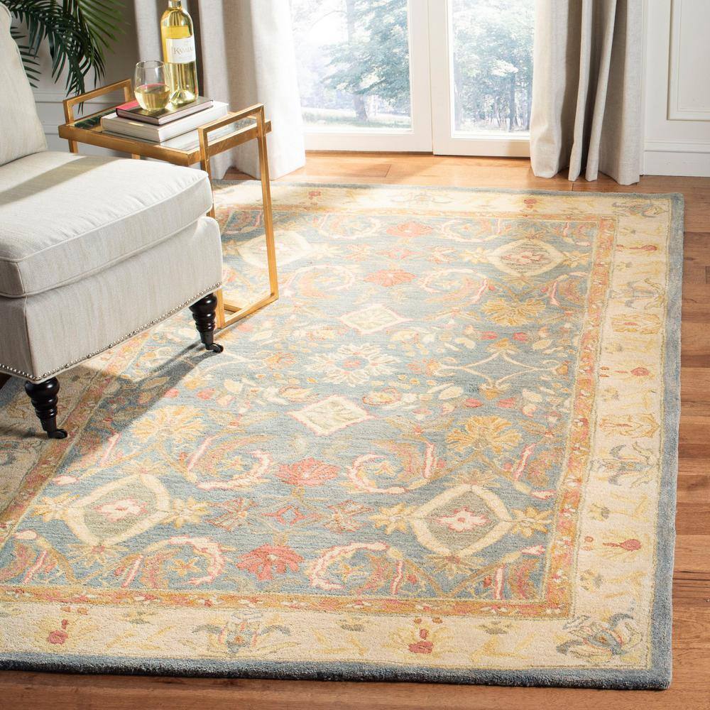 Light Blue Floral Handmade Wool 8' x 10' Area Rug