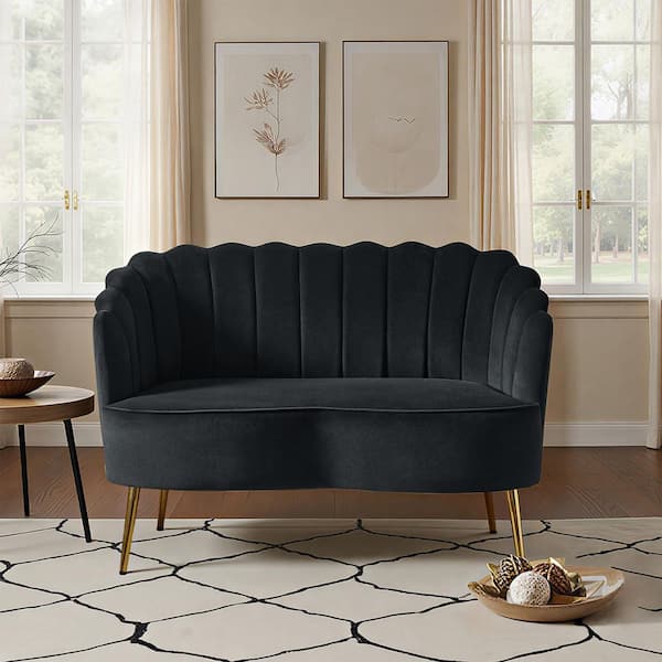 JAYDEN CREATION Yeran Velvet 50.2 in. Black 2-Seats Loveseat with Flower Shaped Back Design