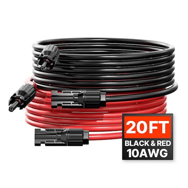 VEVOR 20 ft. Solar Panel Extension Cable 10AWG Solar Extension Cable Wire with Female and Male Black Plus Red (Set of 2)