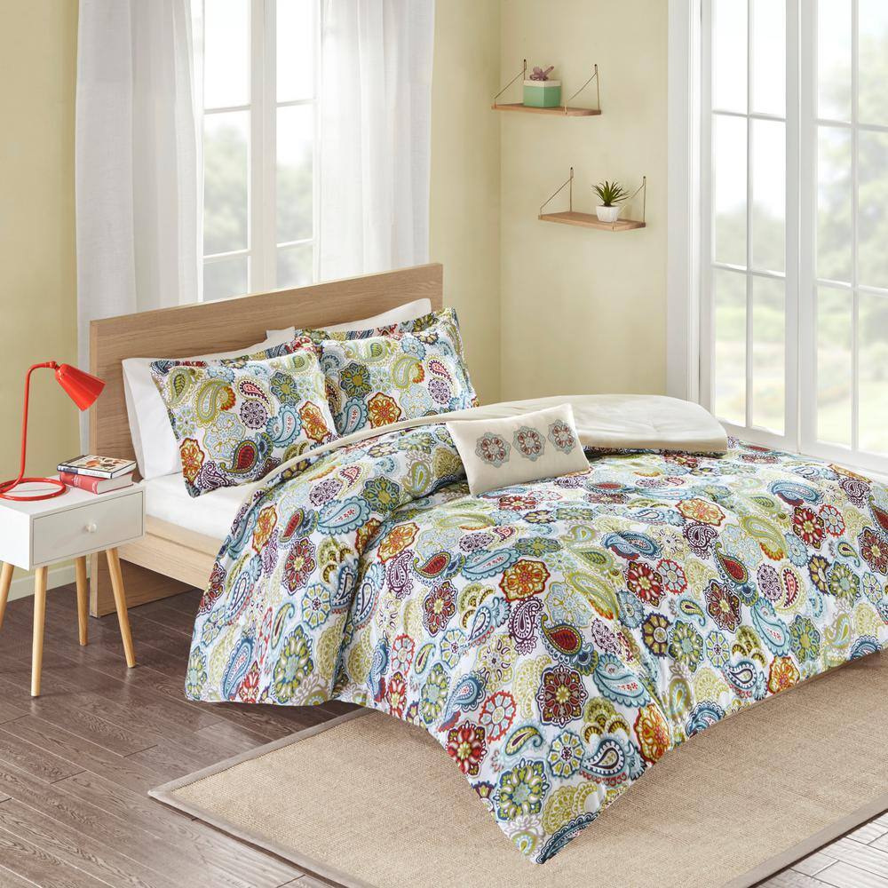 Ivory and Multicolor Reversible Microfiber Full Quilt Set