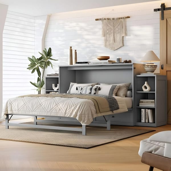 Cub Gray Wood Frame Folding Queen Size Murphy Bed with Spacious Storage Drawers and Shelves