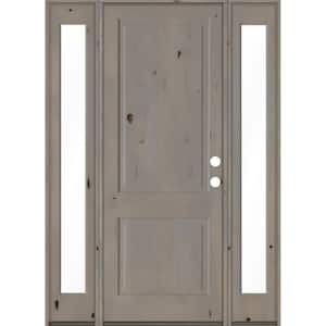 70 in. x 96 in. Rustic Knotty Alder Left-Hand/Inswing Clear Glass Grey Stain Square Top Wood Prehung Front Door