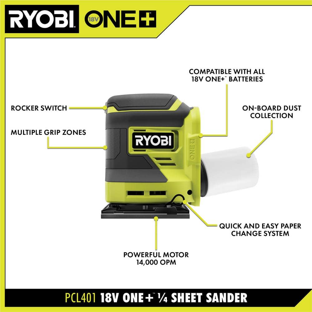 RYOBI ONE 18V Cordless 1 4 Sheet Sander with 9 Piece 1 4 Sheet Sand Paper Assortment PCL401B - Image 3
