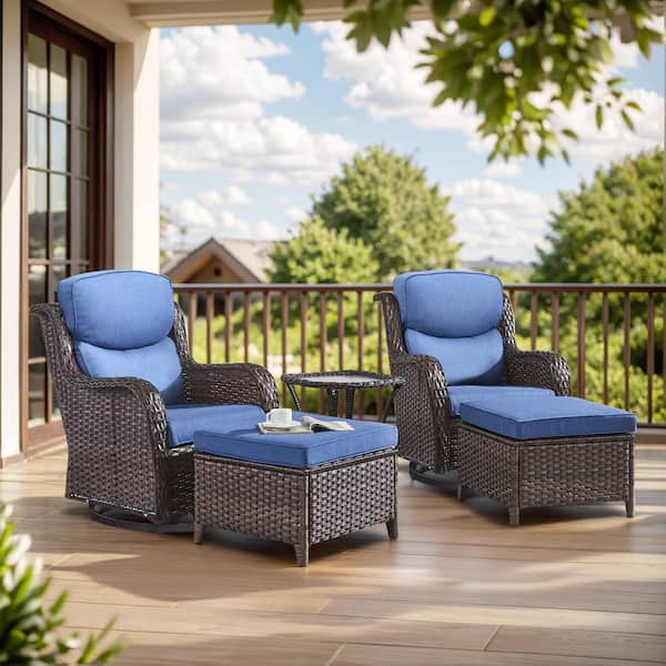 Bellefurn Smiley Brown 5-Piece Wicker Patio Conversation Set with 5 in. Thick Blue Cushions Outdoor Swivel Chair Set with Ottomans