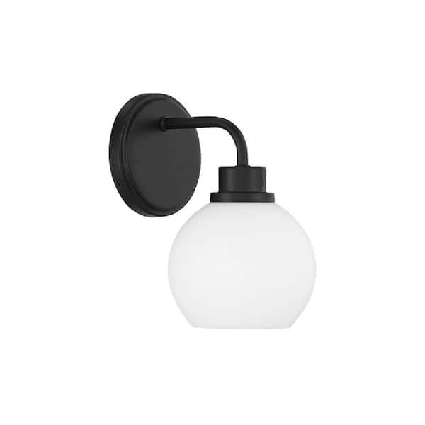 TUXEDO PARK LIGHTING 6 in. W x 9.5 in. H 1-Light Matte Black Contemporary Wall Sconce with White Opal Glass Shade