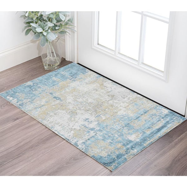 2 ft. x 3 ft. Gold Sky Blue And Ivory Abstract Area Rug