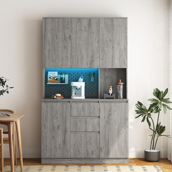 WarmieHomy 74 in. H Farmhouse Coffee Bar Pantry Organizer Buffet in Gray with Charging Station and LED Lights