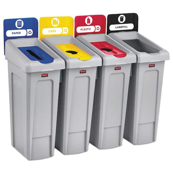 Rubbermaid Commercial Products Slim Jim Recycling Station Kit, 92 Gal. 4-Stream Landfill/Paper/Plastic/Cans