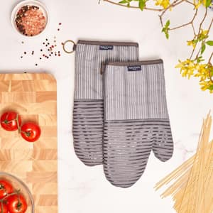 Grey Striped 100% Cotton Oven Mitts With Silicone Grip (Set of 2)