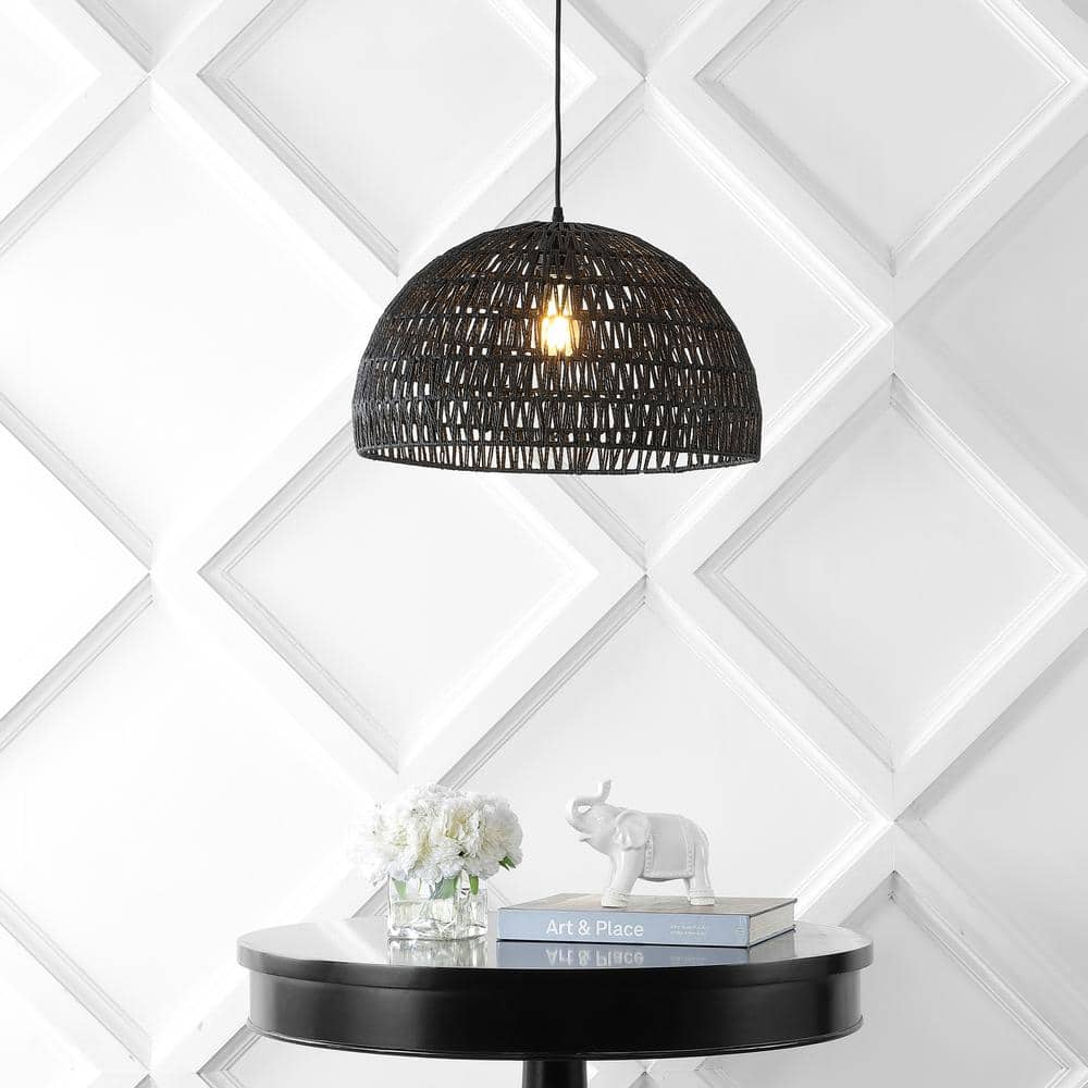 Bohemian Black Woven Rattan & Iron LED Dome Pendant 20"