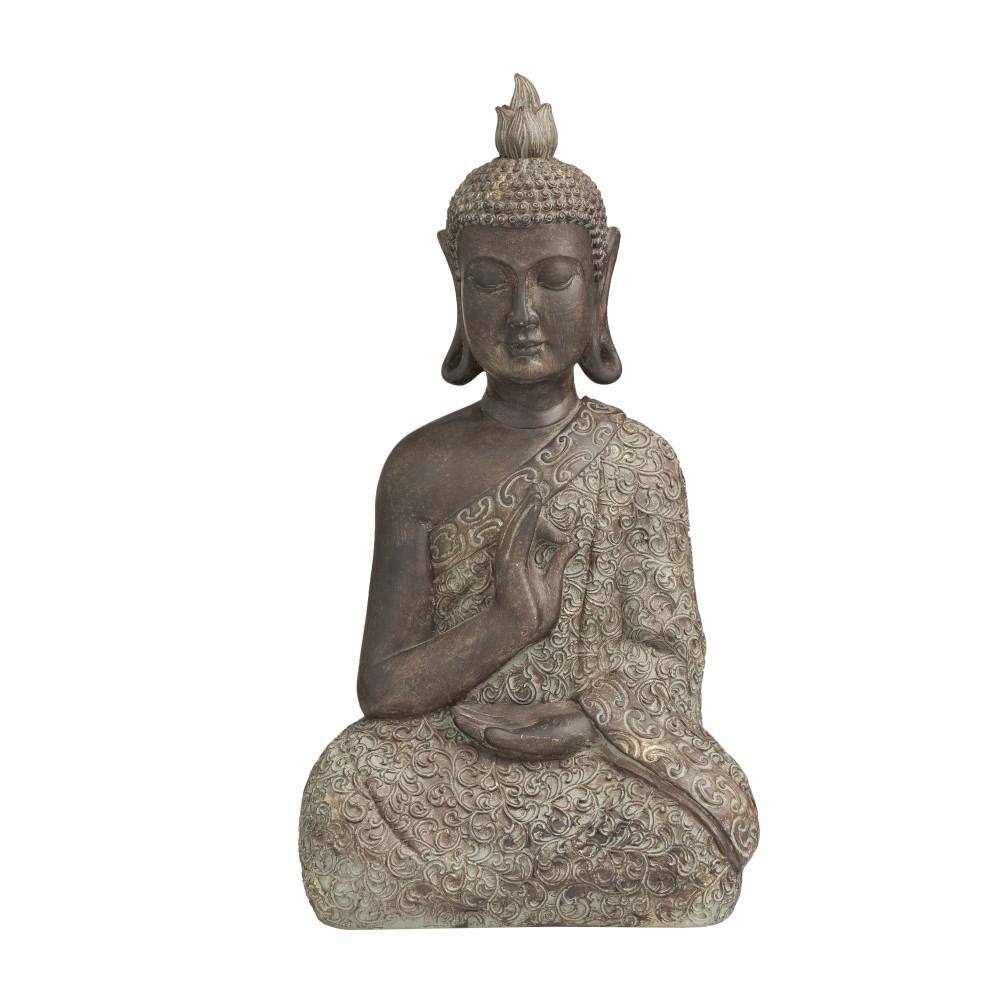 Brown Polystone Meditating Buddha Sculpture with Engraved Carvings