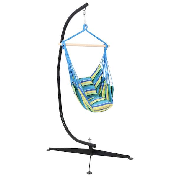Sunnydaze 3.25 ft. Fabric Hanging Hammock Swing and 2-Cushions with C-Stand in Ocean Breeze