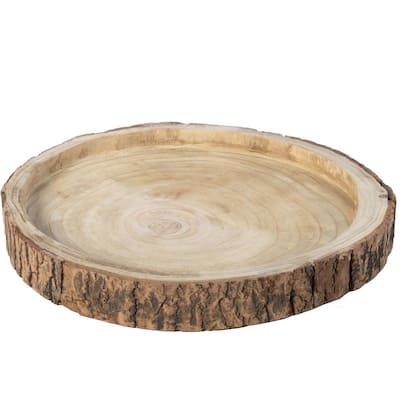 18 Dia in. Beige/ Cream Wood Tree Bark Indented Display Tray Serving Plate Platter Charger
