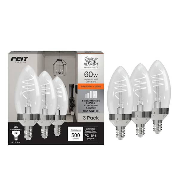 60W Equivalent B11 E12 Candelabra Switch to Dim White Filament Clear Chandelier LED Light Bulb Soft White 2700K (3-Pack)