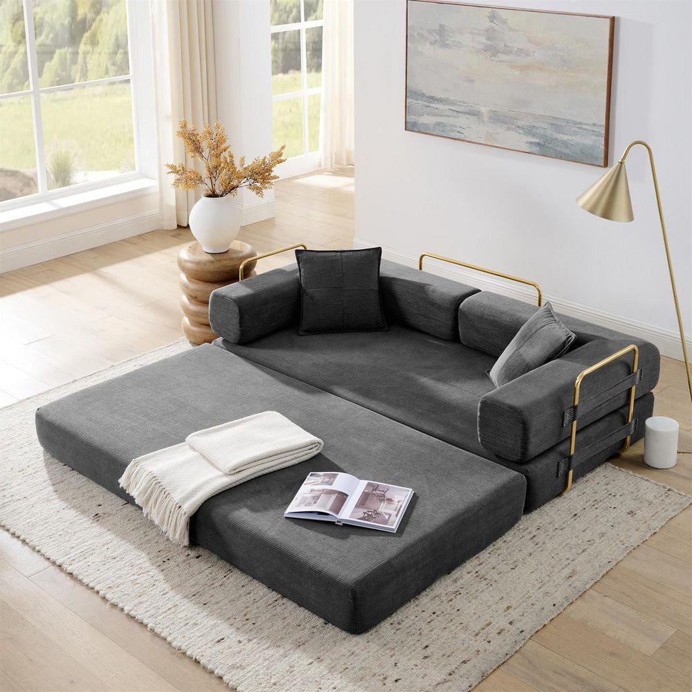 Asucoora 78 in. Grey Corduroy King Size Convertible Sleeper Sofa