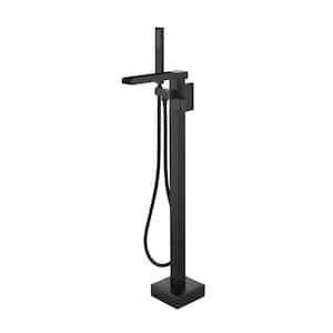 Single-Handle Floor Mount Waterfall Freestanding Tub Faucet with Hand Shower in Matte Black