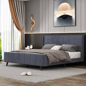 Channel-Tufted Gray Wood Frame Queen Size Velvet Upholstered Platform Bed with Additional Bed and Slats Support Legs