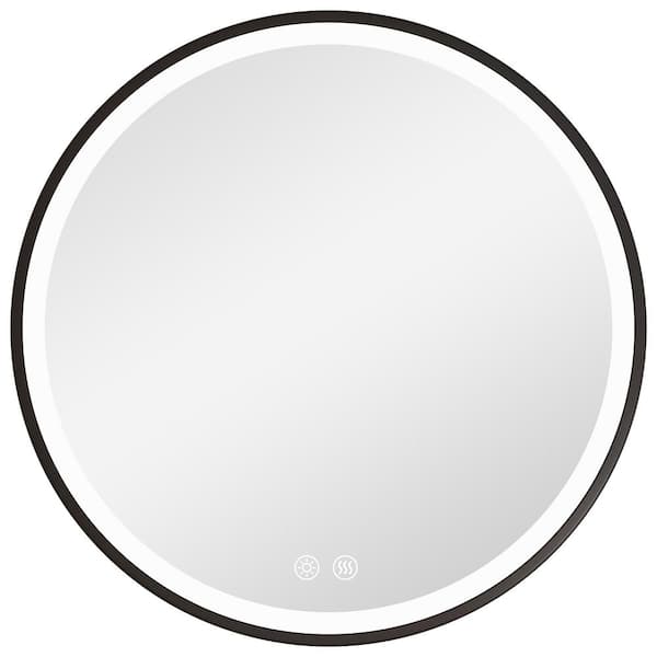 24 in. W x 24 in. H Round Iron Surface Mount Framed LED Light Medicine Cabinet with Mirror in Black, Anti-Fog, Left Door