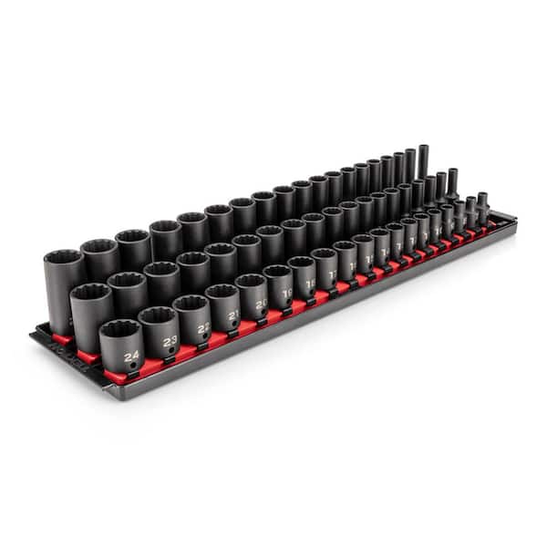 3/8 Inch Drive Shallow, Semi-Deep, and Deep 12-Point Impact Socket Set with Rails and Trays, 57-Piece (6-24 mm)